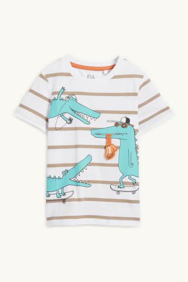 Kinderen: jongens - Skatende krokodil - T-shirt - gestreept - wit