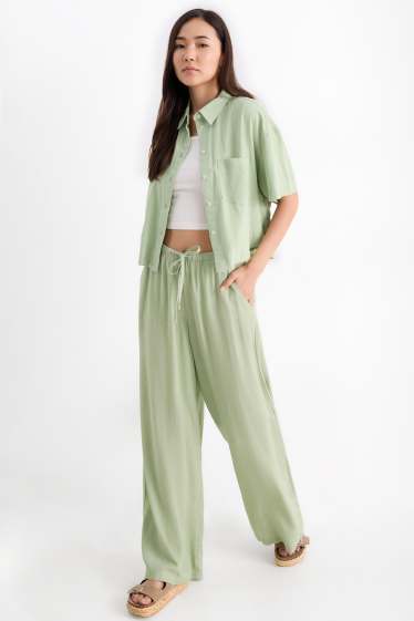 Damen - Stoffhose mit Leinen-Anteil - Mid Waist - Wide Leg - hellgrün