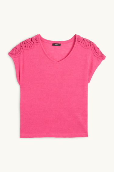 Mujer - Camiseta con escote en pico - regular fit - fucsia