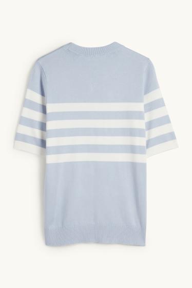 Damen - Strickpullover - kurzarm - gestreift - hellblau