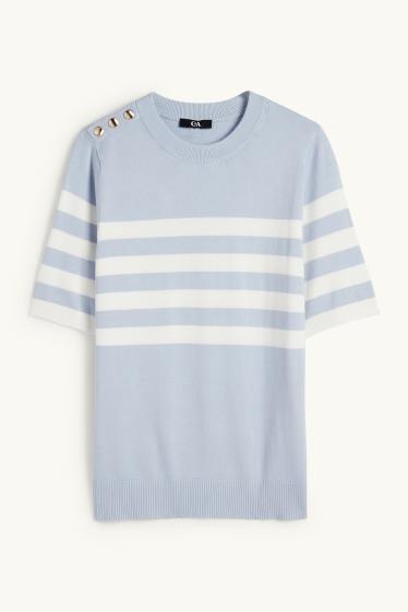 Damen - Strickpullover - kurzarm - gestreift - hellblau