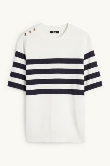 Damen - Strickpullover - kurzarm - gestreift - weiß / schwarz