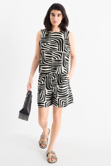 Dames - Short - mid waist - linnenmix - met patroon - zwart / beige
