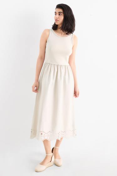 Dames - Fit & flare-jurk - Broderie Anglaise - licht beige