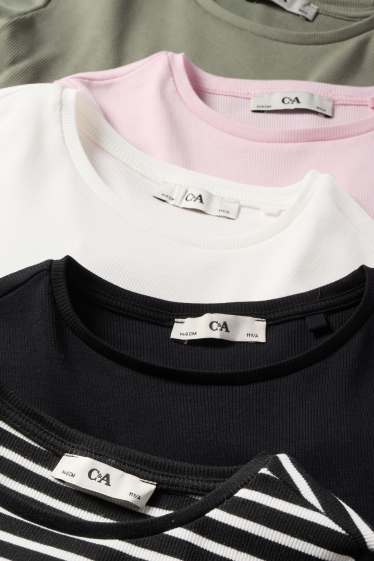 Enfants filles - Lot de 5 - T-shirts - côtelés - blanc / noir