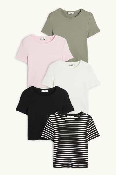 Enfants filles - Lot de 5 - T-shirts - côtelés - blanc / noir