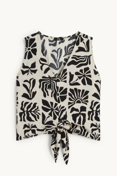Femmes - Chemisier à col V et nœud - à motif - noir / beige