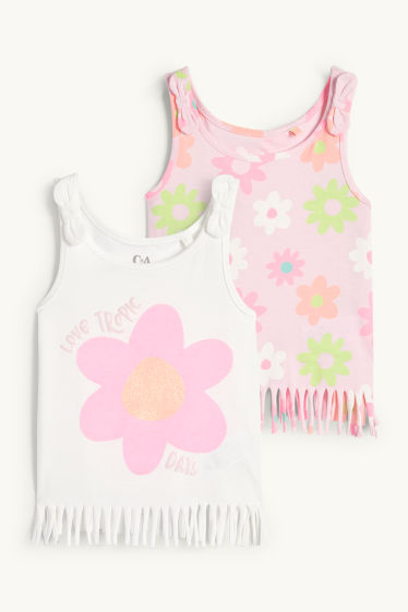 Enfants filles - Lot de 2 - fleurs - tops effrangés - rose