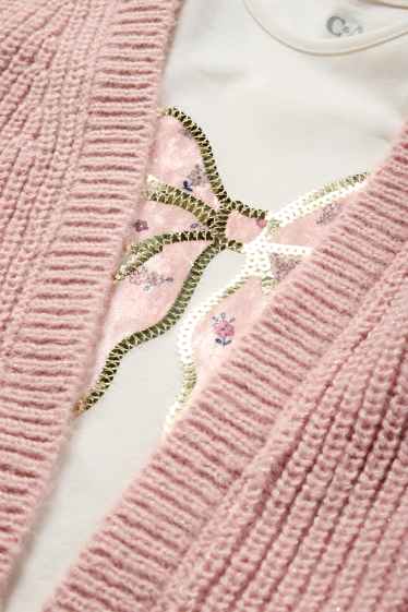 Children Girls - Bow - set - long sleeve top and cardigan - 2 piece - dark rose