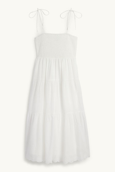 Damen - A-Linien Kleid - Broderie Anglaise - gesmokt - weiß
