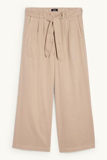 Dames - Pantalon met ceintuur - high waist - wide leg - beige