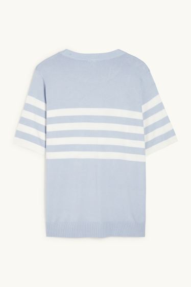 Damen - Strickpullover - kurzarm - gestreift - hellblau