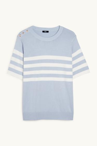 Damen - Strickpullover - kurzarm - gestreift - hellblau