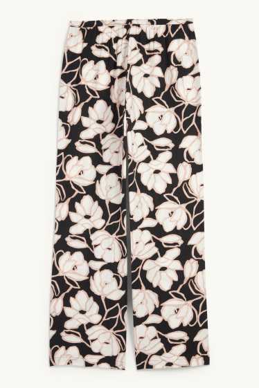 Femei - Pantaloni de stofă - talie medie - palazzo - cu flori - negru / nej