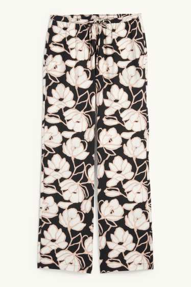 Femei - Pantaloni de stofă - talie medie - palazzo - cu flori - negru / nej