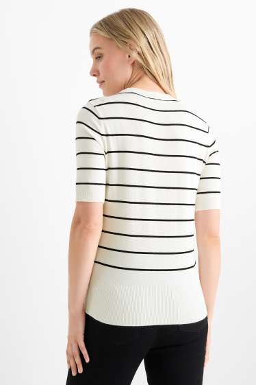 Women - Knitted jumper - short sleeve - striped - white