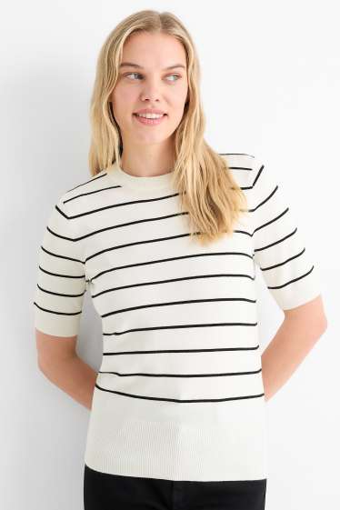 Women - Knitted jumper - short sleeve - striped - white