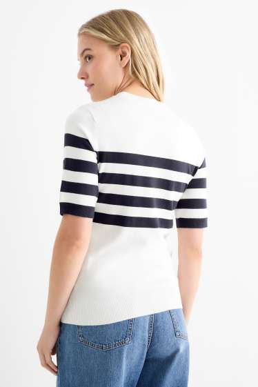 Damen - Strickpullover - kurzarm - gestreift - weiß / schwarz