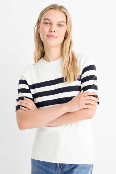 Damen - Strickpullover - kurzarm - gestreift - weiß / schwarz