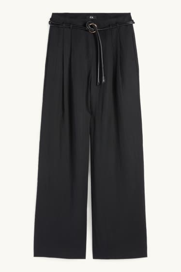 Women - Cloth trousers with belt - high waist - wide leg - black