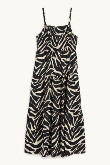 Damen - Fit & Flare Kleid - gemustert - strukturiert - gesmokt - schwarz / beige