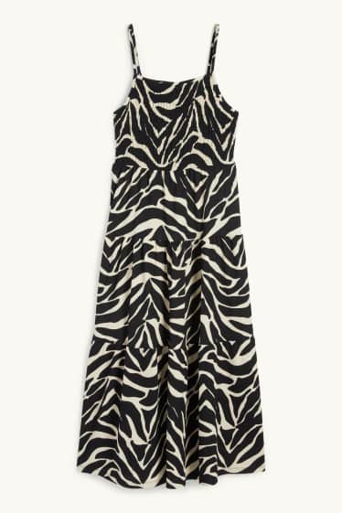 Damen - Fit & Flare Kleid - gemustert - strukturiert - gesmokt - schwarz / beige