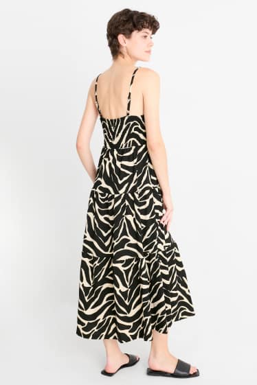 Damen - Fit & Flare Kleid - gemustert - strukturiert - gesmokt - schwarz / beige