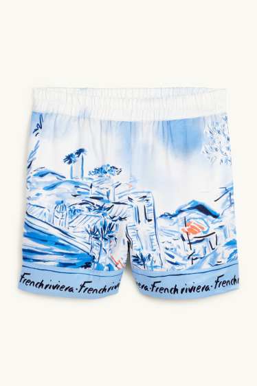 Dames - Shorts - mid waist - met patroon - wit / lichtblauw