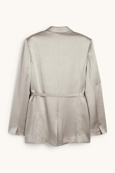 Dames - Lange blazer - getailleerd - glanzend - lichtgrijs