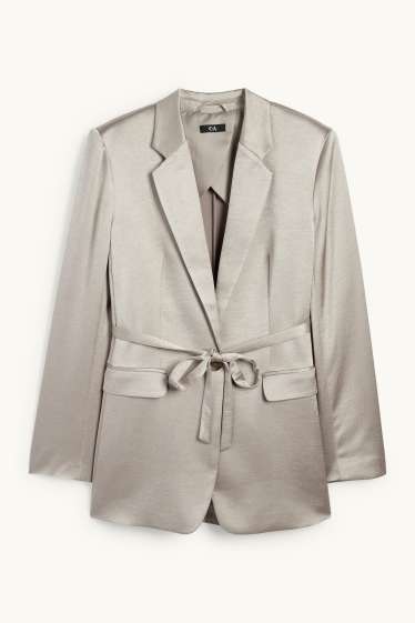 Dames - Lange blazer - getailleerd - glanzend - lichtgrijs