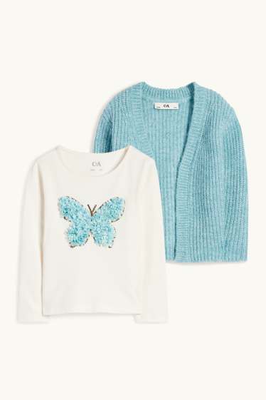 Enfants filles - Papillon - ensemble - haut à manches longues et gilet en maille - turquoise