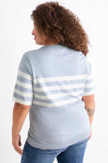 Damen - Strickpullover - kurzarm - gestreift - hellblau