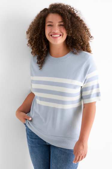 Damen - Strickpullover - kurzarm - gestreift - hellblau