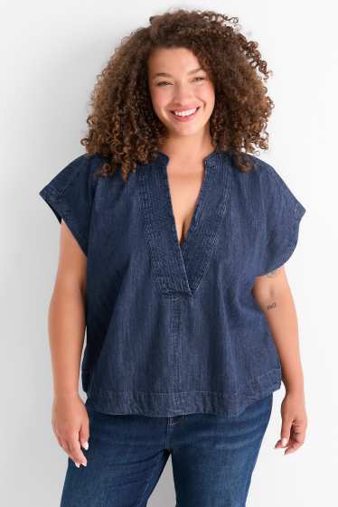 Women - V-neck denim top - denim-dark blue