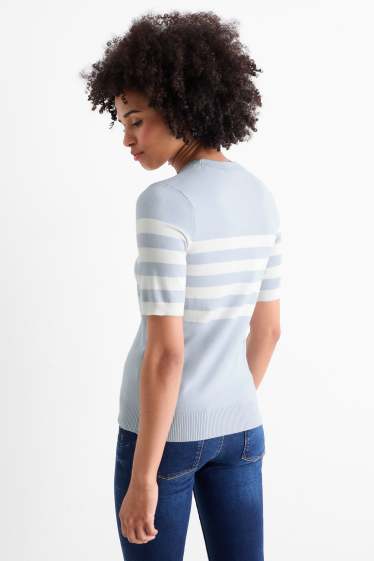 Damen - Strickpullover - kurzarm - gestreift - hellblau