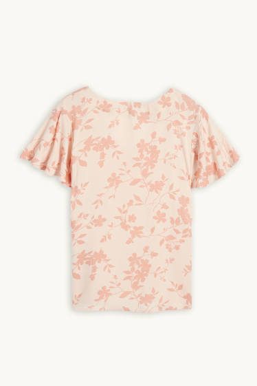 Donna - Blusa con volant - a fiori - arancio chiaro