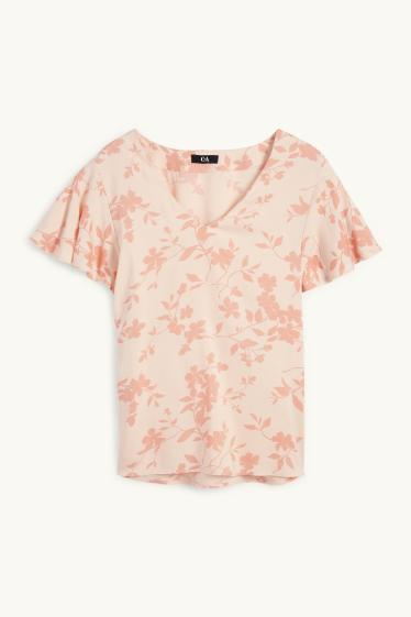 Donna - Blusa con volant - a fiori - arancio chiaro
