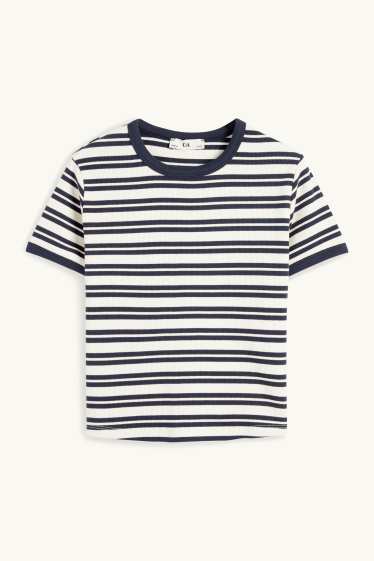 Enfants filles - T-shirt - finition côtelée - à rayures - bleu foncé