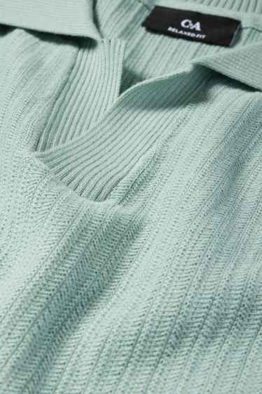 Men - Knitted polo shirt - relaxed fit - textured - turquoise