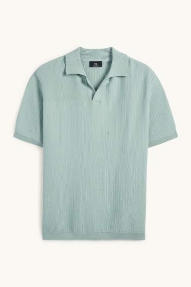 Men - Knitted polo shirt - relaxed fit - textured - turquoise