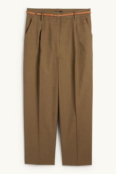 Damen - Stoffhose mit Gürtel - Mid Waist - Tapered Fit - Leinen-Mix - braun