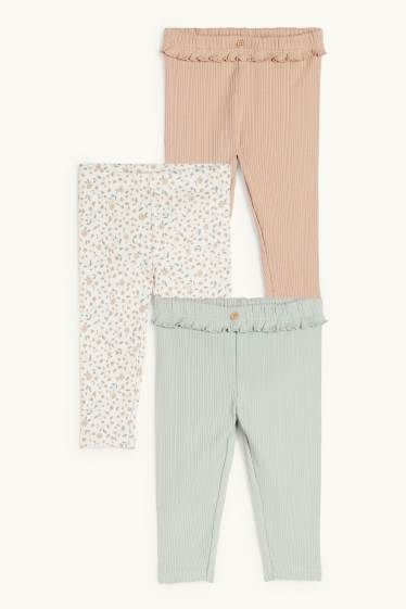 Bebés niñas - Pack de 3 - florecitas - leggings para bebé - de canalé - verde menta