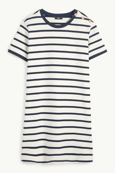 Dames - T-shirt-jurk - gestreept - donkerblauw / crème wit