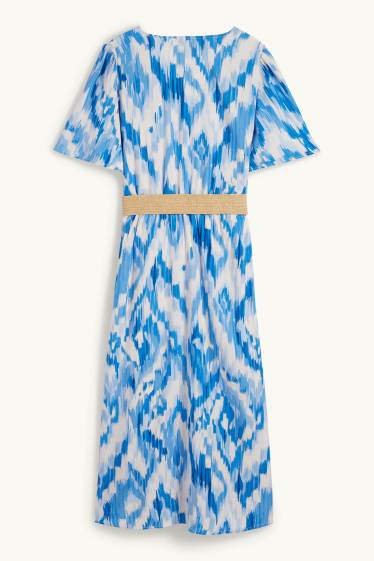 Femmes - Robe en viscose à col V et dotée d'une ceinture - à motif - bleu