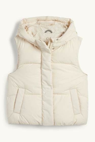 Děti - dívky - Prošívaná vesta s kapucí - z vodoodpudivého materiálu - krémově bílá