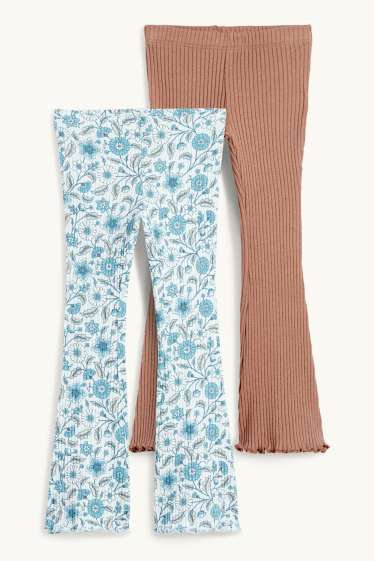 Enfants filles - Lot de 2 - fleurs - flared leggings - finition côtelée - bleu clair