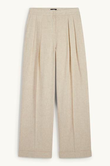 Women - Business trousers - high-rise waist - wide leg - linen blend - beige / gold