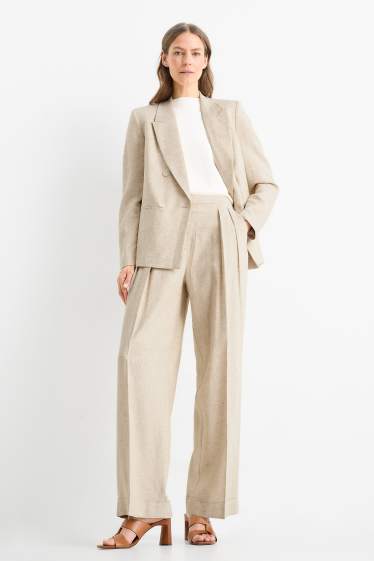 Women - Business trousers - high-rise waist - wide leg - linen blend - beige / gold