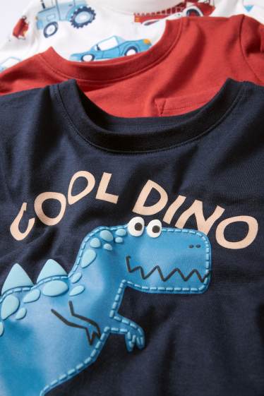 Děti - chlapci - Multipack 3 ks - motiv dinosaura a motivy různých vozidel - tričko s dlouhým rukávem - tmavomodrá