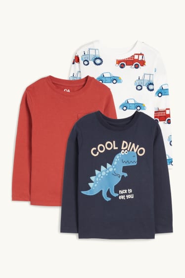 Děti - chlapci - Multipack 3 ks - motiv dinosaura a motivy různých vozidel - tričko s dlouhým rukávem - tmavomodrá